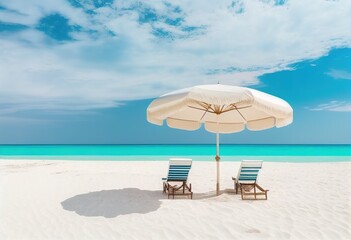 Beautiful beach banner. White sand chairs and umbrella illustration. AI generative.