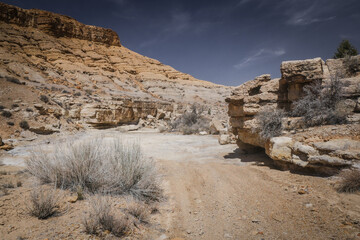Wide dirt road through desert terrain in spring in central Utah near Goblin Valley in a sand wash with rock wall ledges