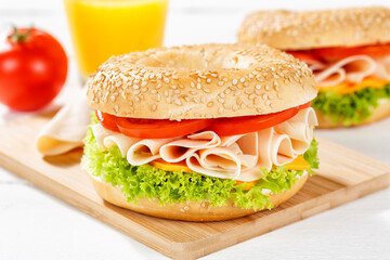 Bagel sandwich with chicken ham for breakfast