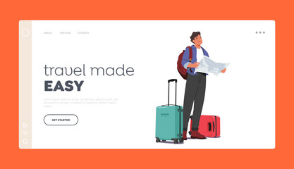 Travel Easy Landing Page Template. Man Holding Map And Luggage, Looking Prepared To Travel. Image Promoting Travel