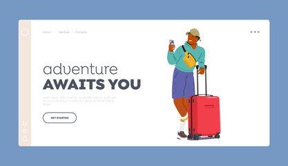 Adventure Awaits Landing Page Template. Young Man Stand with Suitcase And Phone In His Hands. Travel, Wanderlust Concept