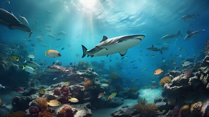 Fototapeta na wymiar Underwater view off fishes sharks corals colourful, Wallpapers, colourful, beautiful underwater world, high definition