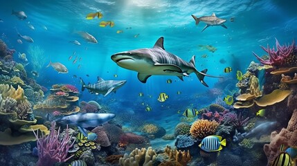Fototapeta na wymiar coral reef with fish and shark