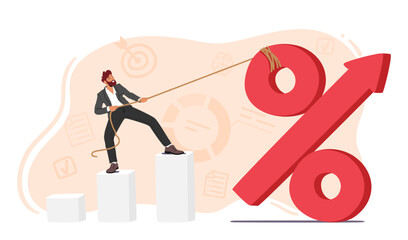 Business Man Character Stands Atop A Column Chart And Pulls Up A Large Percent Sign, Symbolizing An Interest Rate Hike