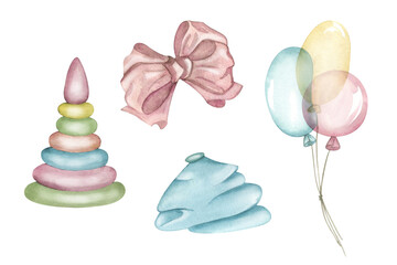 Children's toys for a holiday birthday, baby shower, newborn. Watercolor illustration of an elephant with cubes, balloons and a pyramid for a newborn or birthday boy. rattle for baby. Set of isolated