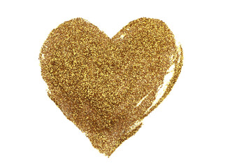 Gold bronze Glitter brushstroke heart shape painting blot smear. Abstract glow shine background.