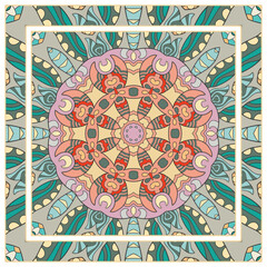  Hand drawn artistic background. Seamless pattern with ornate frame border, doodle floral ornament. Bandana shawl, tablecloth fabric print, silk neck scarf, kerchief design. Vector illustration