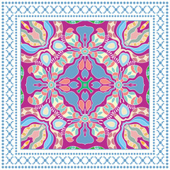 Colorful doodle ornament with geometric frame border, arabic line pattern. Decorative hand drawn background. Bandanna shawl, hijab, tablecloth fabric print, silk neck scarf, kerchief design