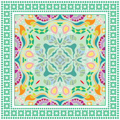 Colorful doodle ornament with geometric frame border, arabic line pattern. Decorative hand drawn background. Bandanna shawl, hijab, tablecloth fabric print, silk neck scarf, kerchief design