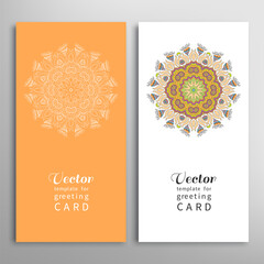 Cards or Invitations set with tribal ethnic mandala ornament, doodle floral geometric pattern for wedding, bridal, Valentine's day, greeting card or birthday invitation. Decorative colorful background