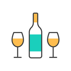 Wine bottle and two glasses flat line color icon isolated on white background. White wine alcohol beverage symbol. Romantic event celebration logo design. Abstract drink minimal vector illustration