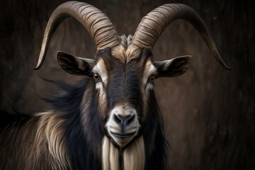 A close up of a goat with very long horns created with Generative AI 