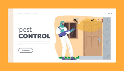 Pest Control Landing Page Template. Service Effectively Tackles Wasp Infestation At Cottage House, Cartoon Illustration