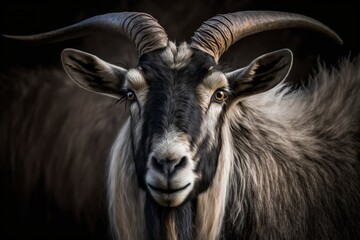 A close up of a goat with very long horns created with Generative AI 