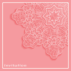 Lace Invitation Card template with mandala element. Doodle line pattern. Decorative openwork filigree art background for Wedding, Valentine's day greeting card, Birthday Invitation