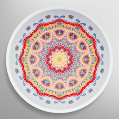 Decorative plate with round ornament in ethnic style. Mandala circular abstract geometric floral pattern. Fashion background with ornate dish. Interior home decor, vector illustration