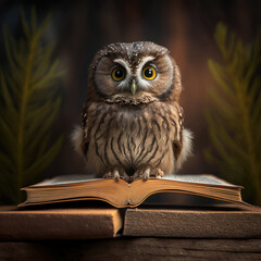 Owl sitting behind open book lying on wooden table, Generative AI
