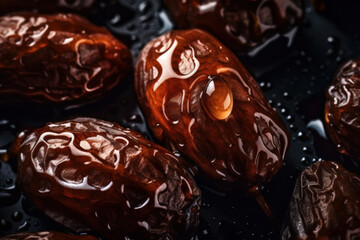 Juicy and healthy dates on black background, Generative AI