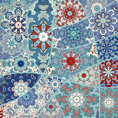 Vector patchwork quilt pattern. Vintage decorative collage. Hand drawn background. Indian, Arabic, Turkish motifs for printing on fabric or paper. Abstract colorful doodle pattern in mosaic style