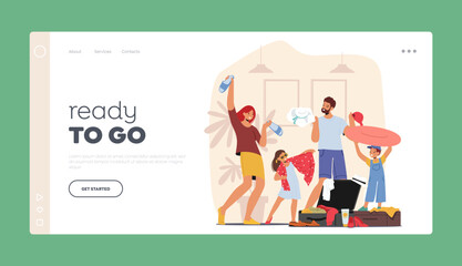 Ready to Go Landing Page Template. Young Family With Kids Packing Suitcase Organizing Their Belongings And Getting Ready