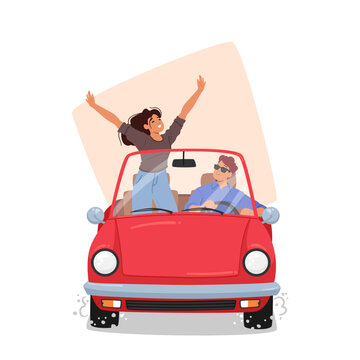 Excited Woman And Her Partner Characters Traveling By Car On A Scenic Route Promoting Travel, Adventure Or Road Trip