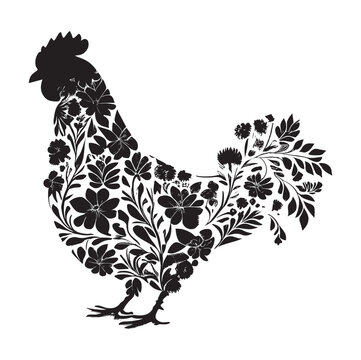 recommend clip art: Hen chicken flower pattern Isolated black silhouette hen white background Vector Illustration