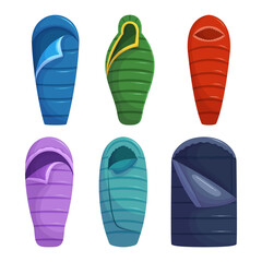 Collection Of Colorful And Warm Sleeping Bags For Camping Or Outdoor Activities, Practical And Essential Beds
