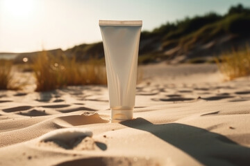 White tube with sunscreen on beach in sand with shells and sea background. Skin care concept at summer vacation, created with Generative AI