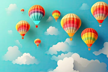 Hot balloons flying above the clouds in paper style, created with Generative AI