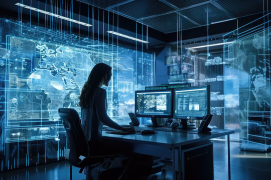 Confident government spy woman in futuristic command center with glowing monitors, sensors, maps, and remote control, created with Generative AI