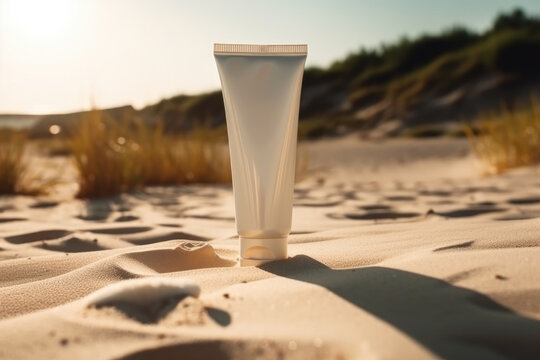 White tube with sunscreen on beach in sand with shells and sea background. Skin care concept at summer vacation, created with Generative AI