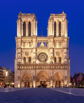 Notre-Dame de Paris cathedral at night, France