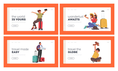 Trip around the World Landing Page Template Set. Travelers with Luggage and Various Travel Items. Image Promoting Travel