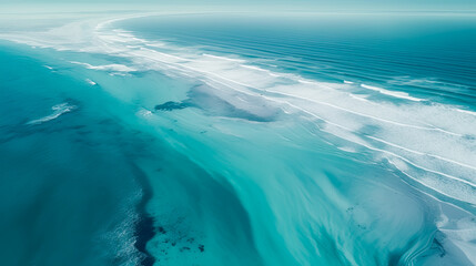 Aerial view of an ocean shore with blue waves, and aquamarine. Generative AI.
