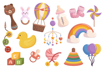 Collection Of Various Baby Toys And Items That Provide Entertainment And Promote Development. Rattles, Pyramid