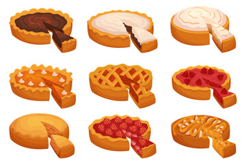 Collection Of Pies With A Portion Sliced Out, Revealing Their Delicious, Flavorful Filling Cartoon Vector Illustration © Anna Syvak