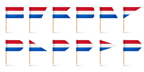 Realistic various Dutch toothpick flags. Souvenir from Netherlands. Wooden toothpicks with paper flag. Location mark, map pointer. Blank mockup for advertising and promotions. Vector illustration