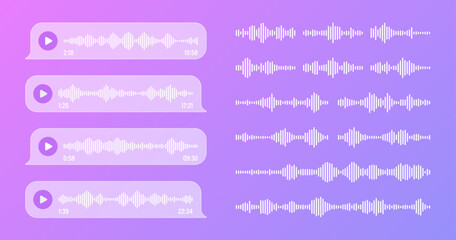 Voice, audio message, transparent speech bubbles. SMS text frame. Social media chat or messaging app conversation. Voice assistant, recorder. Sound wave pattern. Vector illustration