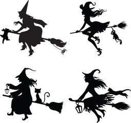 Set of 4 Witch and Cat on Broomstick Vector Silhouette Designs: Perfect for Halloween and Magic-Themed Projects