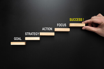 Success process concept with jenga block stairs