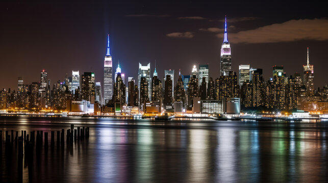 Cityscape photo of New York City at night generative ai