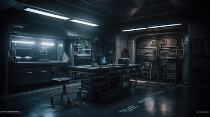 A laboratory in the interior of a spaceship and an empty podium for the presentation of a cyberpunk product. Technology and sci-fi concept. AI.