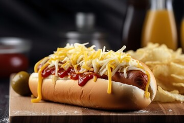 Traditioneller Hot Dog mit Würstchen, Ketchup, Senf, Röstzwiebeln geriebenem Käse und einem Brötchen, Nahaufnahme