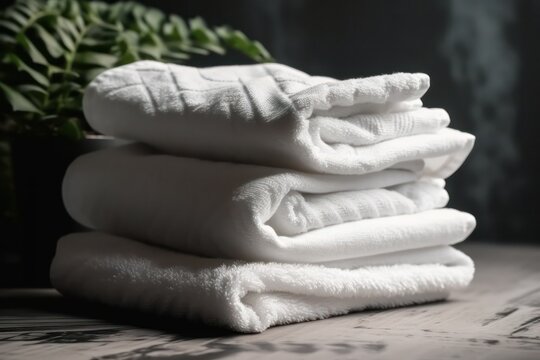 washed clean white towels lie folded on a wooden surface. day of washing and cleanliness. Generative AI