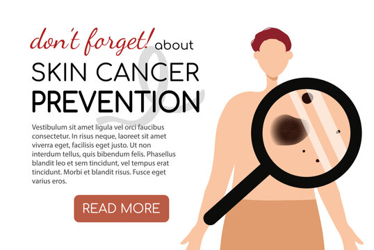Melanoma and skin cancer prevention concept. Man checks moles, birthmarks under magnifier. Banner, landing page template with copy space for text. Vector illustration