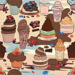 Vector image of sweets: cupcakes, cakes, ice cream, sweets, berries, strawberries, cherries.
Childish, cute, hand-drawn image.Image can be used for designer any idea.