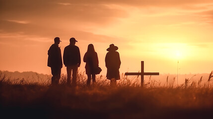Fototapeta premium Silhouettes of people at the cross at sunset, generative AI.
