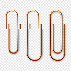 Realistic copper paperclip attached to paper isolated on white background. Shiny metal paper clip, page holder, binder. Workplace office supplies. Vector illustration