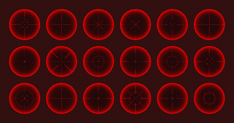 Various weapon thermal infrared sights, sniper rifle optical scopes. Hunting gun viewfinder with crosshair. Aim, shooting mark symbol. Military target sign. Game UI element. Vector illustration - obrazy, fototapety, plakaty