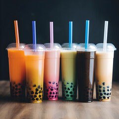 Set of colorful tall drinking glasses with straws with Taiwanese bubble or boba tea from vegan milk and agava sypur with different flavors isolated on dark background. Generative AI